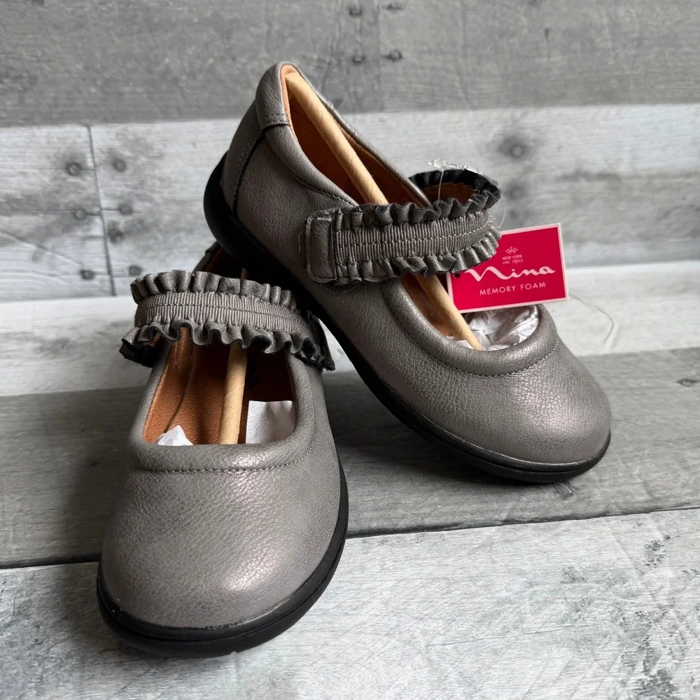 Nina Kids Pewter Metallic Ruffle Mary Jane Memory Foam Dress Shoes 10M
